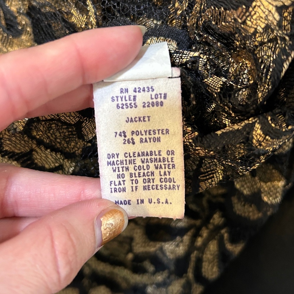 Vintage Lace Bolero Jacket Womens 14 Black Gold Metallic Floral Shrug Sheer Chic - Picture 5 of 15